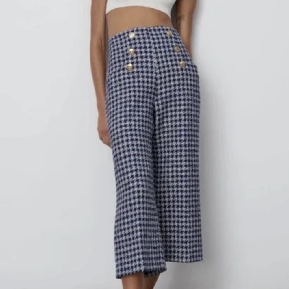 Zara Houndstooth Blue and White Wide Leg Cropped Trousers High Waisted Pants
